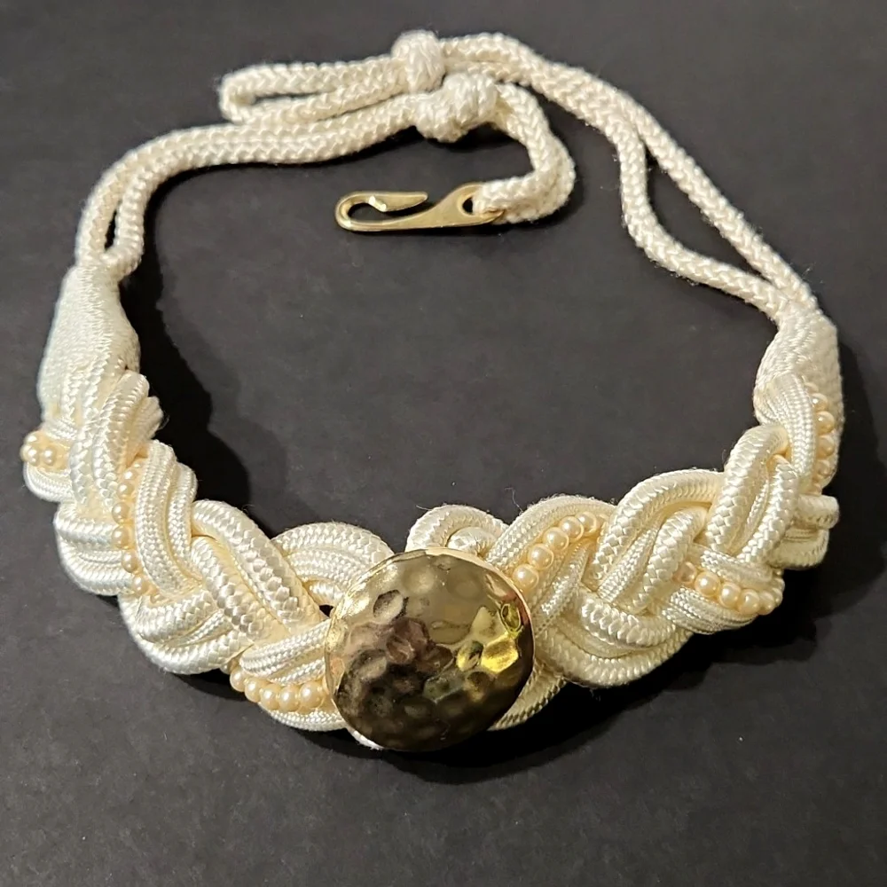 Vintage Elegant Ivory Hammered Gold Satin Braided Belt With Pearl Detail Large